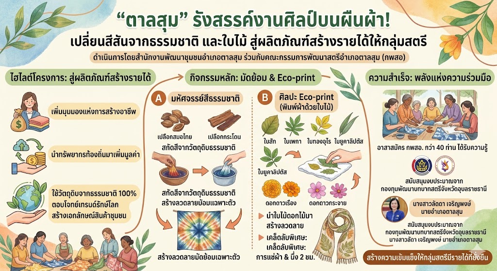 inforgraphic “ตาลสุม” รังสรรค์งานศิลป์บนผืนผ้า! เปลี่ยนสีสันจากธรรมชาติและใบไม้ สู่ผลิตภัณฑ์สร้างรายได้ให้กลุ่มสตรี